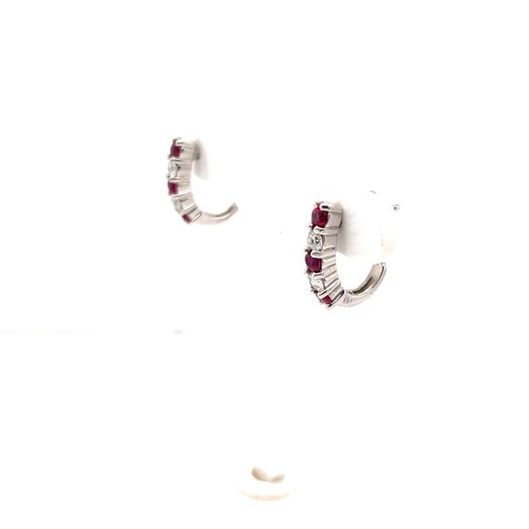 14K White Gold Ruby and Diamond Half-Hoop Earrings - Picture 2 of 3